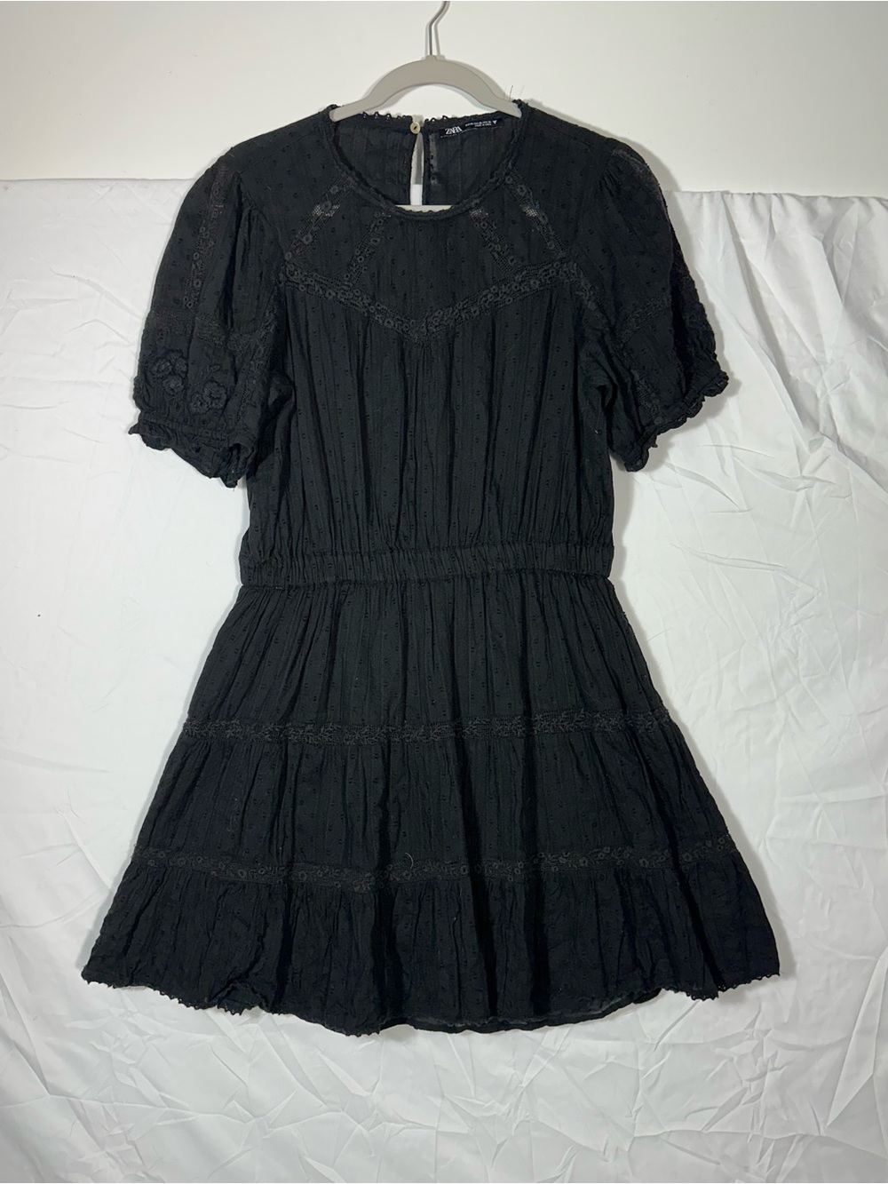 Zara Black Eyelet Lace-Trim Puff Sleeve Dress